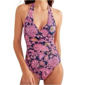 Boden Halter Paisley Print Floral Swimsuit Navy Pink Ruched